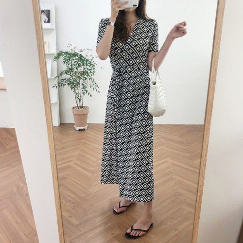 슬림 맥시 반팔 랩 원피스 냉장고 브이넥 루즈핏 롱원피스 여름원피스 여성 휴양지 바캉스룩