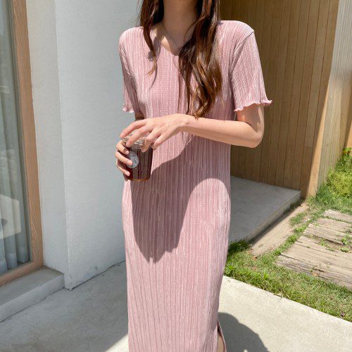 루즈핏 냉장고 반팔 플리츠원피스 주름 브이넥 맥시 여름 원피스 여성 롱원피스 블랙 데일리룩