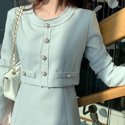 미디&롱 2기장 진주버튼 트위드 플레어 원피스 결혼식 하객룩 op15939