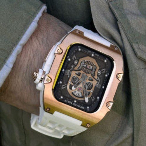 JECO 애플워치 스트랩 케이스 메탈 일체형 티타늄 애차드밀 44 로즈골드화이트화이트스트랩