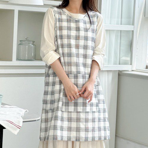 한스데이 여름 깅엄 체크 단추형 트임 어린이집 유치원 원피스 앞치마