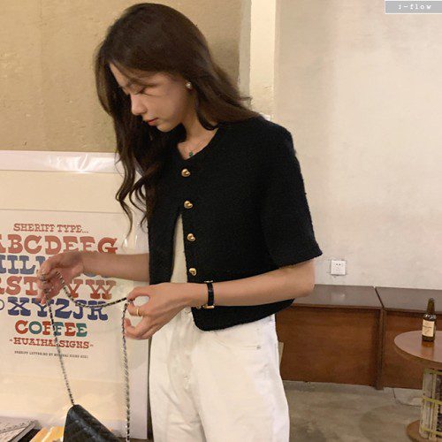 리케 하트 금장버튼 크롭 트위드 자켓 2col 여름 봄 라운드 노카라 하객 제이플로우