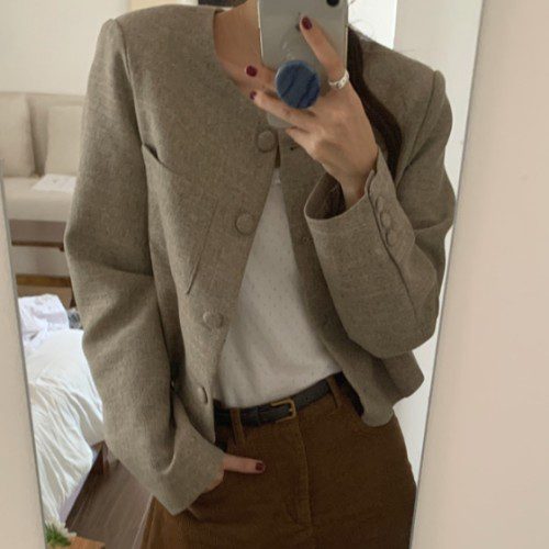 핑크트위드자켓 노카라 크롭 하객룩 라운드 싱글 봄 자켓