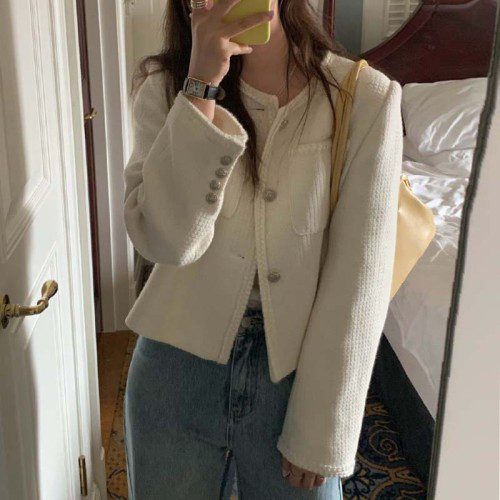 키하몬 골드버튼 트위드 자켓 노카라 라운드넥 긴팔 봄 루즈핏 세미 기본 트위드 재킷