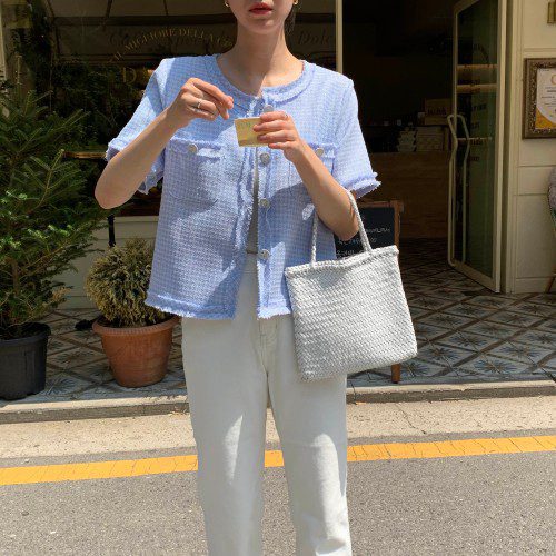 세잉 노카라 라운드넥 수술 포켓 여름 트위드 린넨 반팔 자켓 루즈핏 트위드 재킷