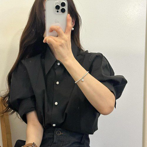 레콧 여성 여름 빅카라 핀턱 반팔 퍼프 블라우스