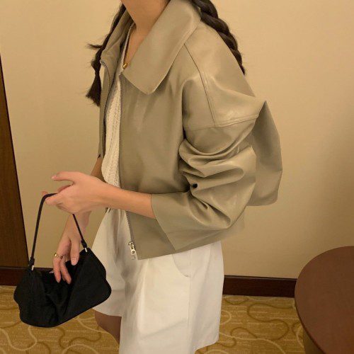 오버무드 봄신상 크림 베이지 컬러 카라 투웨이 레더 블루종 자켓 2color