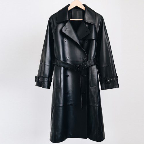 양가죽 블랙 롱 트렌치코트 더블버튼 벨트 디자인 가을 봄 간절기