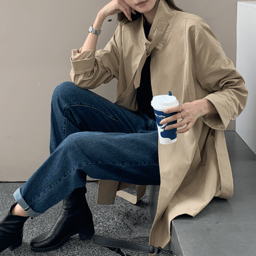 가을 미듐 트렌치코트 넥 간절기룩 베이지 소라 데일리 오피스 베이직