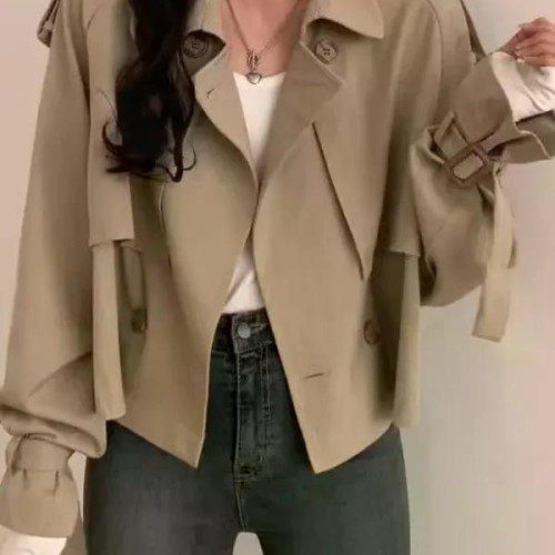 여친룩 데이트룩 웨스턴 짧은 트렌치 코트 이른 가을 겉옷 여성 확대 작은 느슨한 슬리밍 탑 블랙 S (49.5kg 미만)