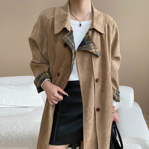 여성 스웨이드 트렌치코트 체크 리버시블 루즈핏 가을 롱자켓