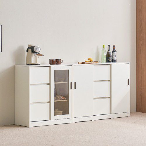 장인가구 아망드 슬라이딩 상부 하부 주방 수납장 세트 1200, 3단, 1200 유리 3단 서랍장_화이트