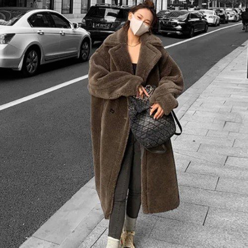 겨울 데일리 오버핏 울100 테디베어 코트 여성 따뜻한 양털 아우터 롱, 카키브라운, FREE(One size)