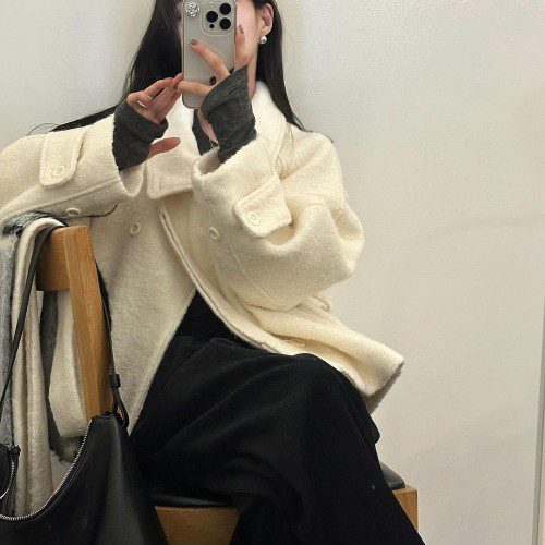 리멜디 여성 겨울 터틀넥 울 오버핏 루즈핏 랩 리본 하프 더블 부클 코트