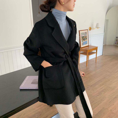 뉴욕 여성 벨트 허리끈 울코트 겨울 하프 핸드메이드 코트(블랙)