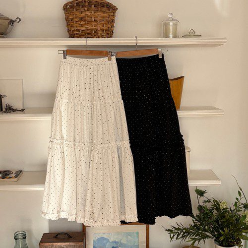 하이웨스트 땡땡이 맥시 도트 스커트 밑단 프릴 캉캉 밴딩 A라인 롱스커트