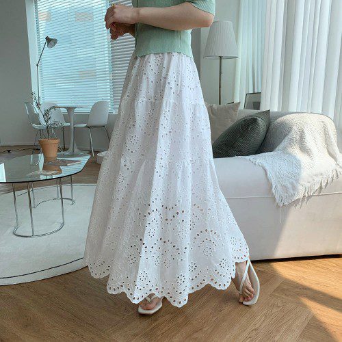 펀칭 레이스 스커트 캉캉 밴딩 자수 A라인 여름 롱스커트 휴양지 화이트 검정 치마